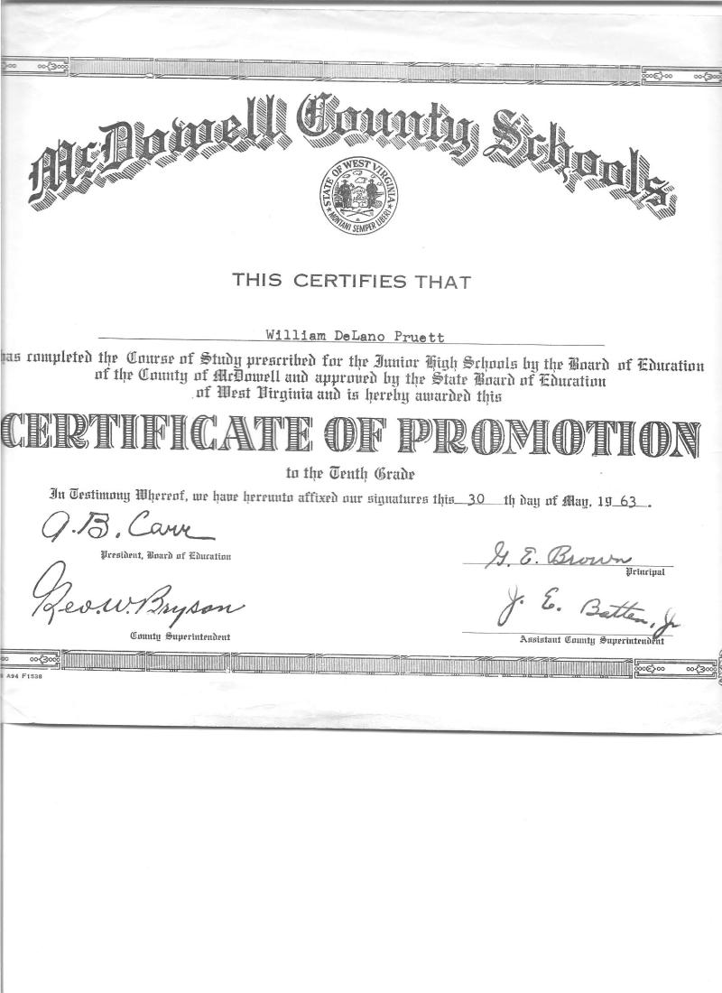 Bartley Junior High certificate of promotion