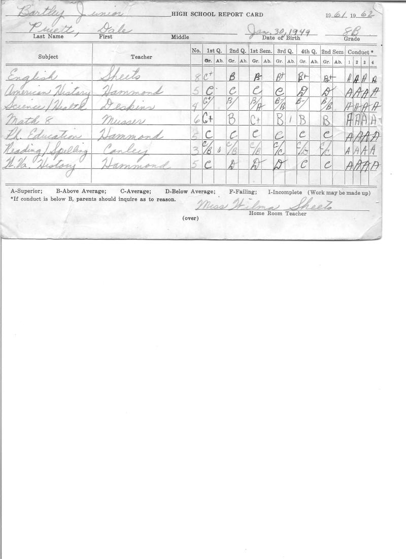 William Delano Pruett's report card