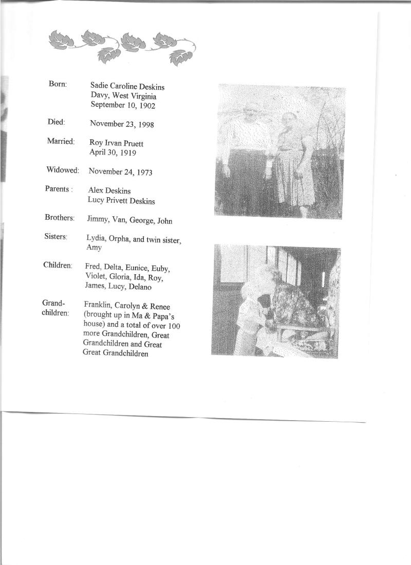 In Memory of Sadie Caroline Deskins Pruett